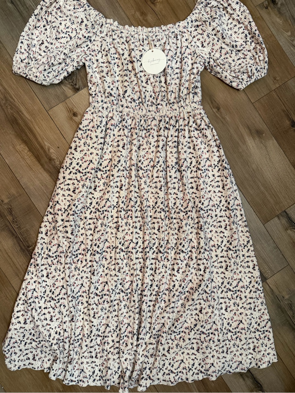 In February Floral Ivory Soft Corduroy Midi Dress Smocked Puff Sleeve